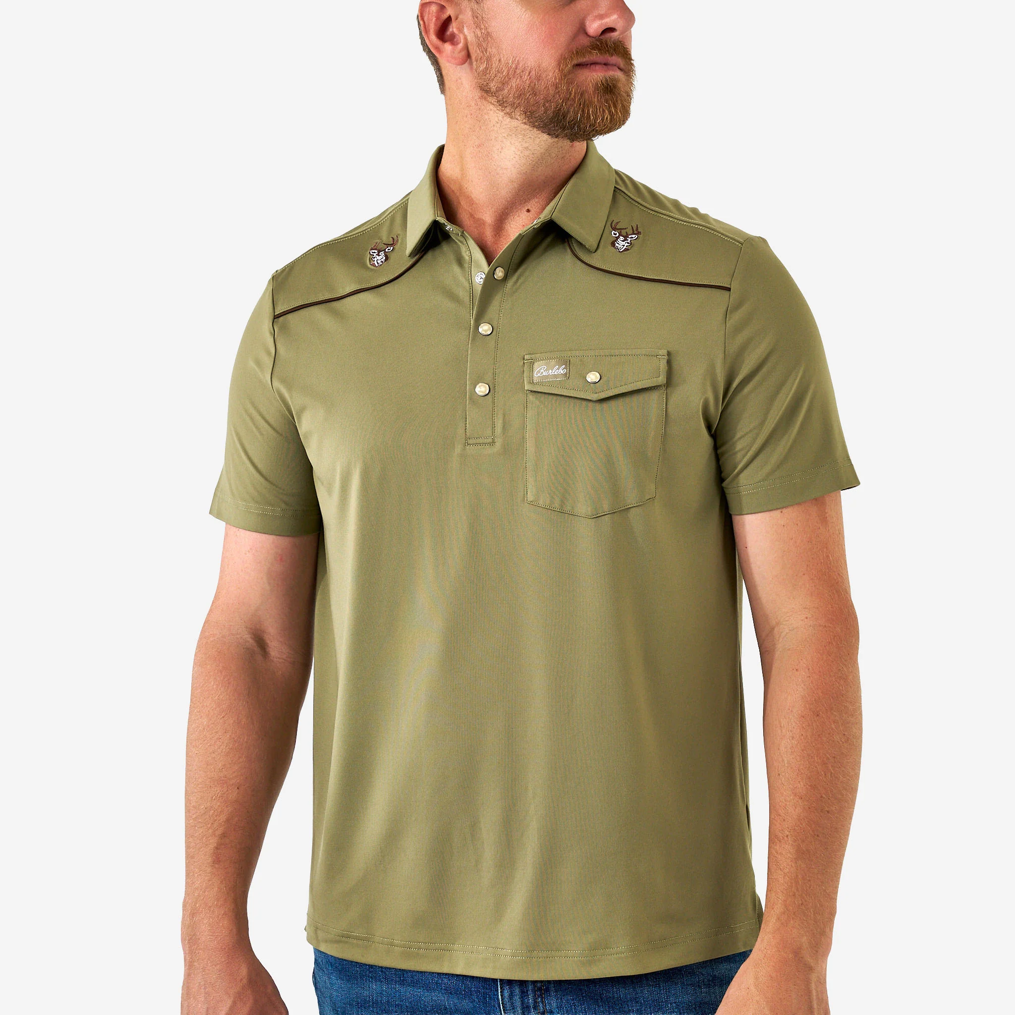 Pearl Snap Performance Polo - Whitetail Deer - Green - Image 4