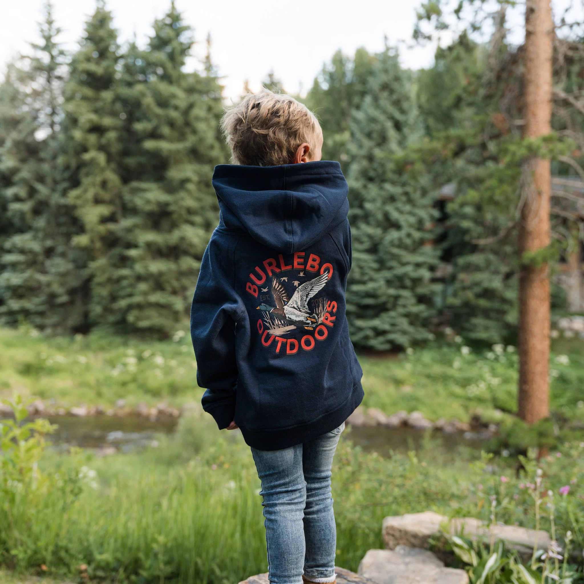 Youth Fleece Hoodie - Old School Duck Hunt - Navy - Image 2