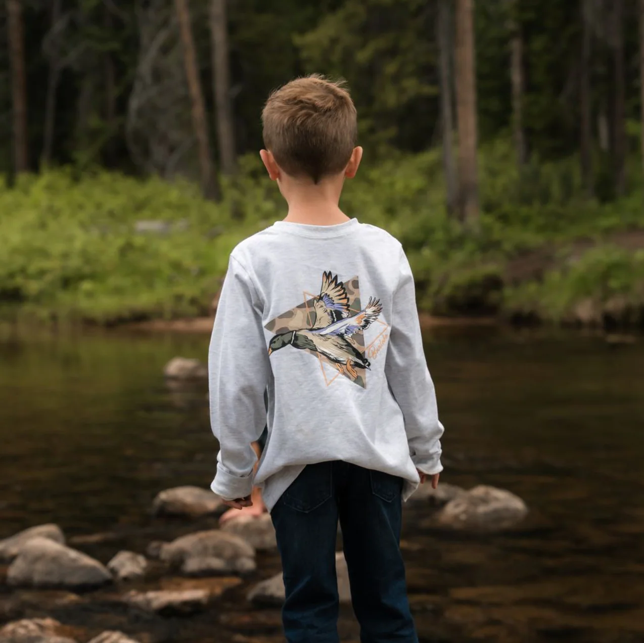 Youth Long Sleeve Tee - Pintail Triangle Duck - Ash Grey - Image 2